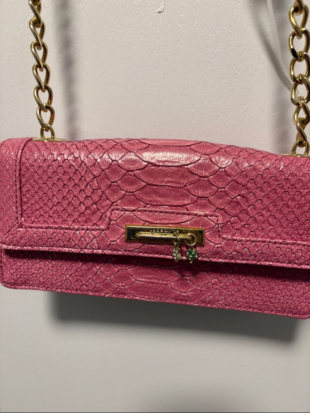Liz Claiborne Pink Snake-Embossed Crossbody with Gold Chain
